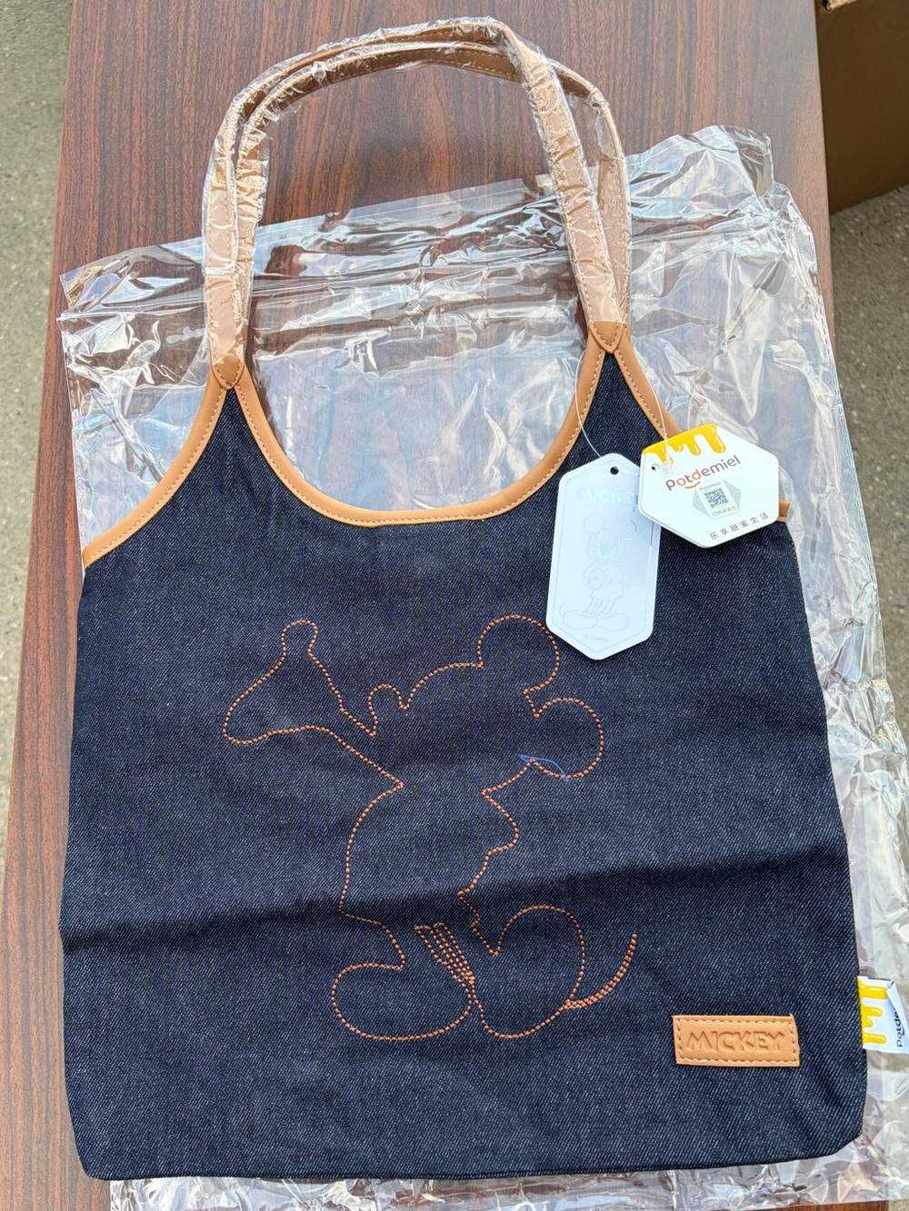 Disney Mickey Mouse Potdemiel Denim Shoulder Tote Bag Plaid Lined NWT